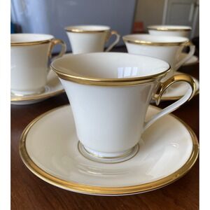 Lenox "Eternal" Cup & Saucer Set for 7 Ivory Porcelain with Gold Trim USA